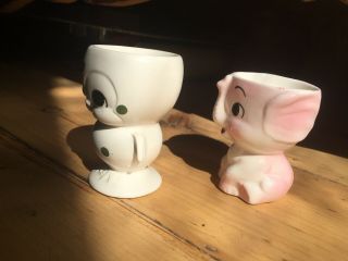 Vintage EGG CUPS Pink Elephant And A Chick Retro 1950s - 60s Ceramic 3