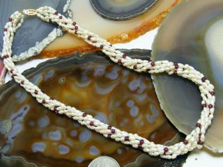 14k Vintage Six Strand Rice Seed Pearl Necklace & Amethyst Glass Bead 17 "