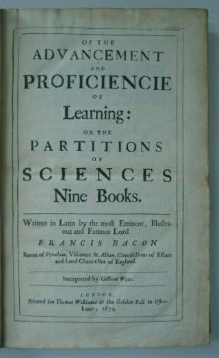 1674 Francis Bacon Wats Advancement And Proficiencie Of Learning Science Folio