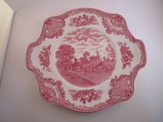 Vintage Johnson Bros Pareek Old Britain Castles Square Handled Cake Plate Pink