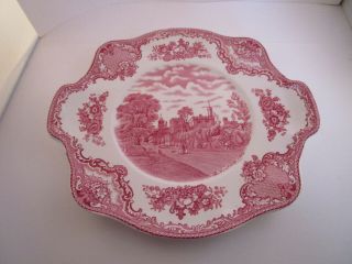 Vintage Johnson Bros Pareek Old Britain Castles Square Handled Cake Plate Pink 2