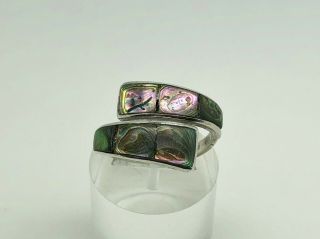 Vintage Mexican Studio Sterling Silver Fiery Abalone Shell Bypass Band Ring