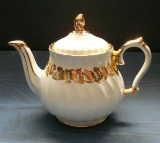 Vintage Sadler Tea Pot,  Gold Leaves,  Swirled,  Gold Trim