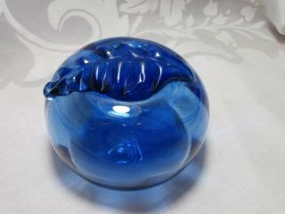 Vintage Cobalt Blue Hollow Blown Glass Apple Paperweight Figurine With Leaf