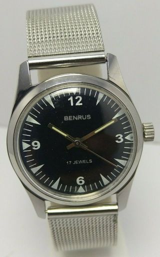 Swiss Made Vintage Benrus Black Dial Hand Winding 17j Wrist Watch Men 