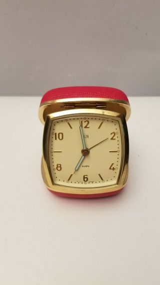 Vintage Elgin Red Case Travel Alarm Clock Made In Japan Illuminates