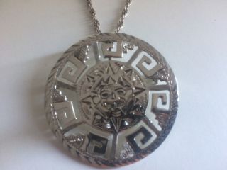 Vintage Sterling Silver Hechoen Mexico Mayan Aztec Calendar Pendant Necklace