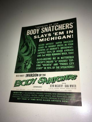 Invasion Of The Body Snatchers Vintage Movie Trade Ad 1956 Sci - Fi Horror Poster