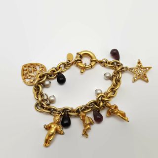 Vintage Kirks Folly Cherub Hearts & Stars Gold Tone Charm Style Bracelet