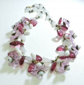 Vintage Pink And White Flowers Lampwork Art Glass Bead Necklace Au19117