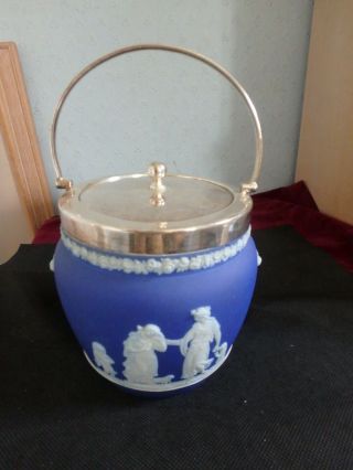 Wedgwood English Navy Blue " Jasperware " Vintage Biscuit Barrel Circa 1900
