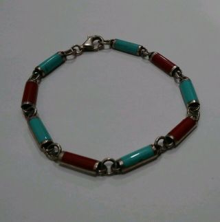 Vtg Cfj Sterling 925 Turquoise & Coral 7 " L Bracelet (9.  1gm) Southwestern Style