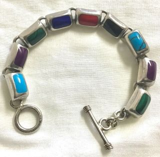 Vintage Mexico Sterling Silver Chunky Link Bracelet With Multi Stone Inlay