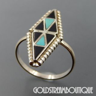 Vintage Zuni Sterling Silver Turquoise Jet Inlay Marquise Ring Size 6.  75