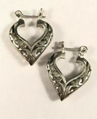 Vintage Han Designer Sterling Silver 925 Filigree Heart Hoop Earrings