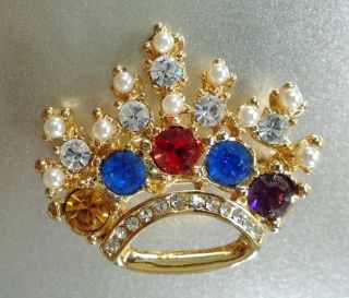 Vintage Red Blue Purple & Gold Rhinestones Faux Pearls Crown Brooch Pin 1.  25 "