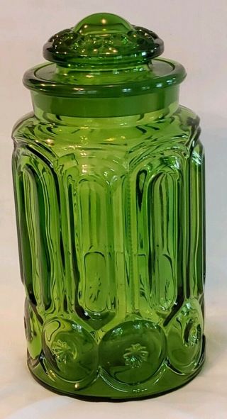 Vintage Le Smith Large Green Moon And Stars Glass Canister Apothecary Jar & Lid