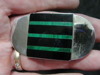 Unique Vintage Sterling Silver Black Onyx & Green Malachite Pin Brooch Mexico