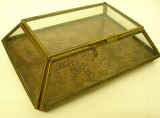 Vintage Unusual Brass & Glass Trinket Box Acid Etched Interior Base Lid Latch