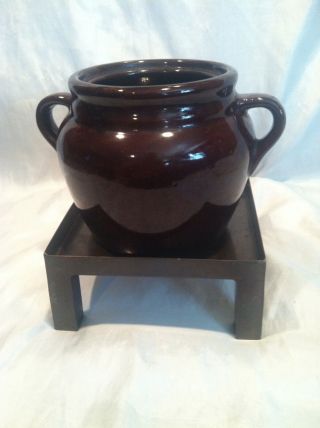 Vintage Glazed Ceramic Bean Pot Stoneware Pottery And Hot Stand " No Lid " Usa.