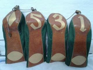 Set Of 4 Vintage Rc Club Head Covers 1,  3,  5,  &perfect Match Green Canvas Leathe