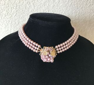 Vtg Triple Strand Pink Faux Pearl Beads Choker Necklace Gold Tone Leafs Purple