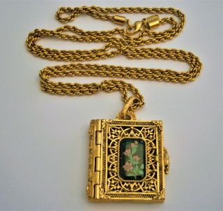 J208:) Vintage Chunky Gold Tone & Enamel Book Locket Pendant Chain Necklace