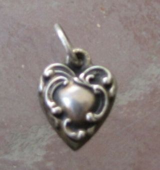 Small Vintage 1940’s Sterling Silver Repousse Puffy Heart Charm Engraved Rose