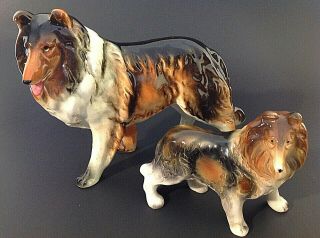 Vintage Victoria Ceramics Collie Dog Figurines Set Of 2.  7 1/2 And 4 1/2 Inches