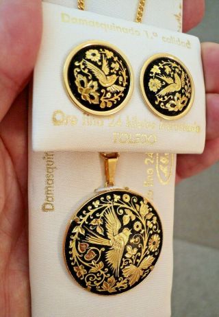 Vtg Damascene Earring & Necklace Set 24k Gold,  Black Enamel Toledo Spain