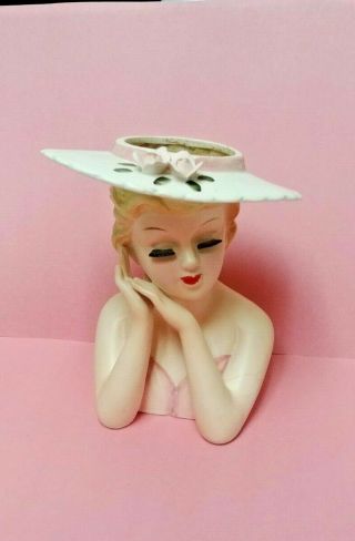 Vintage Lefton Lady Head Vase Pink and White Brimmed Hat with Pink Roses - 2900 2