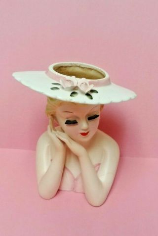 Vintage Lefton Lady Head Vase Pink and White Brimmed Hat with Pink Roses - 2900 3