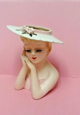 Vintage Lefton Lady Head Vase Pink and White Brimmed Hat with Pink Roses - 2900 4