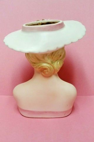 Vintage Lefton Lady Head Vase Pink and White Brimmed Hat with Pink Roses - 2900 5