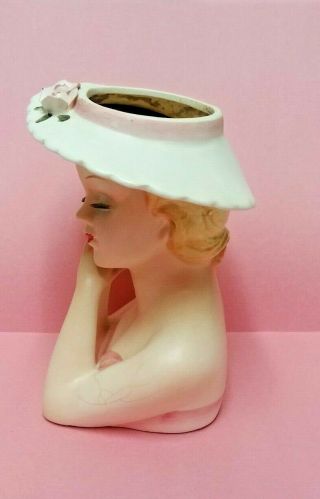 Vintage Lefton Lady Head Vase Pink and White Brimmed Hat with Pink Roses - 2900 6