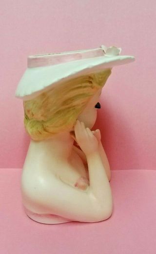 Vintage Lefton Lady Head Vase Pink and White Brimmed Hat with Pink Roses - 2900 7