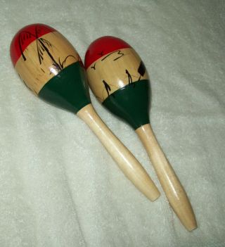 Hand Painted Vintage Maracas Wood Percussion Music Shakers 12.  5 "