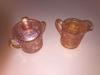 Vtg Lustre Rose Marigold Carnival Glass Creamer & Sugar Bowl W/ Lid