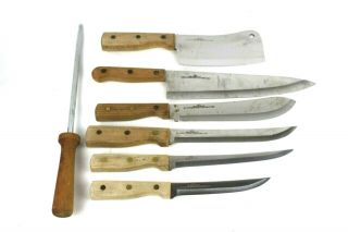 Vintage Old Homestead Made In Japan Knife Set Butcher Cleaver Sharpener Etc.