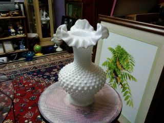 Vintage Fenton 11 Inch Hobnail Milk Glass Vase With Ruffled Edge With Logo