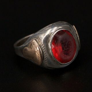 Vtg Sterling Silver & 10k Gold - Faceted Red Glass Etched Ring Size 9 - 6.  5g