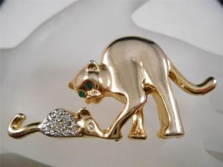 Cat And Mouse Vintage Rhinestone Brooch Pin Gold Tone Green Eyes F19