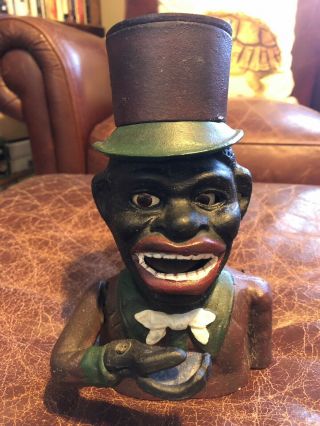 Vintage Black Americana Jolly Bank Cast Iron Mechanical Bank Man W Top Hat 6 Lbs