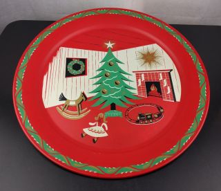Vtg Large Red Christmas Tin Serving Tray Retro Tree Fireplace Toys Gift Decor