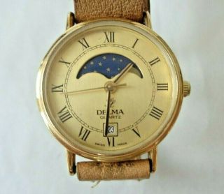 Vintage Delma Swiss Made Quartz Ladies Gold Tone Moonphase Watch battery 3