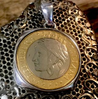 Vintage Sterling Repvbblica Italiana Lire Coin Pendant Signed Milor