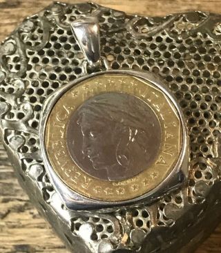 Vintage Sterling REPVBBLICA ITALIANA Lire Coin Pendant Signed Milor 5