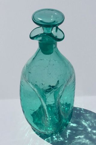 Vintage Mcm Blenko Decanter Sea Green Crackled Pinched Glass