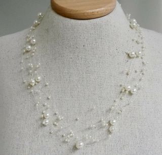 Vtg Floating Pearls Necklace Faux Multi - Strand Silver Tone