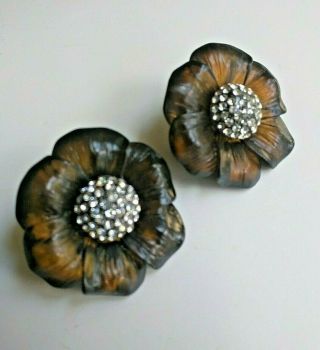 Earrings Vintage Lucite Plastic Brown Rhinestones Crystal Clip On Flowers Black